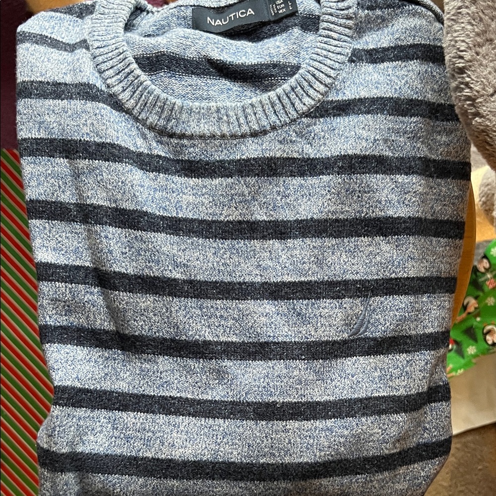 Nautica Men's Blue and Black Striped Crewneck Sweater